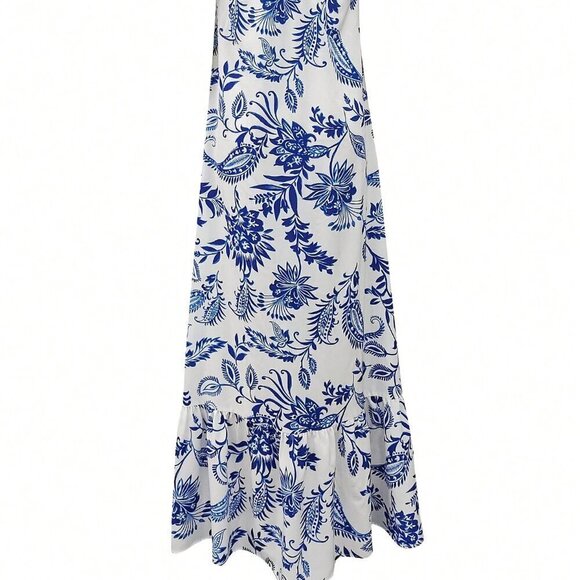 Blue and White Boho Women's Ruffle Hem Spaghetti Strap Dress - Picture 2 of 3